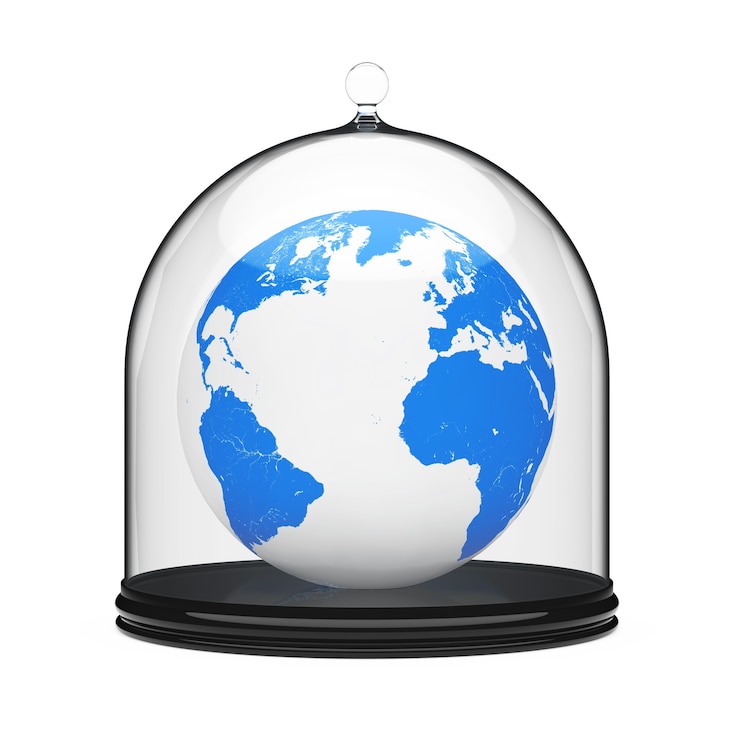 Photo sauvez le concept de planète. globe terrestre en verre bell shield sur fond blanc. rendu 3d