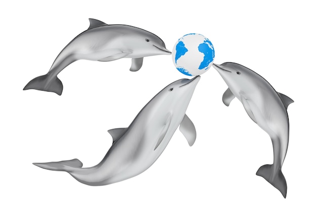 Sauvez le concept de la terre. Tursiops Truncatus Les grands dauphins de l'océan ou de la mer jouent avec le globe terrestre sur un fond blanc. Rendu 3D