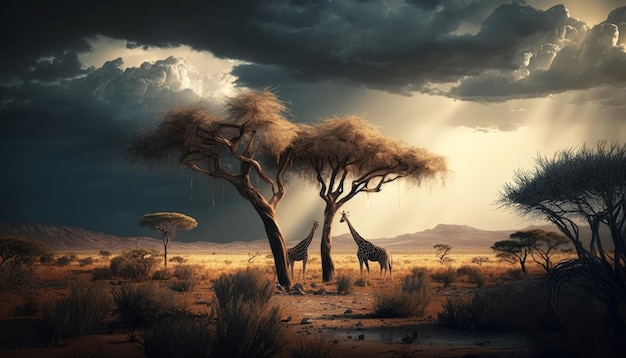 Savane africaine avec girafes et acacias AI générative