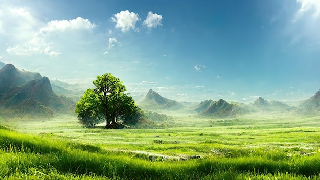 Savane avec des buissons d'herbe verte et des montagnes à l'horizon Rendu 3D Illustration raster