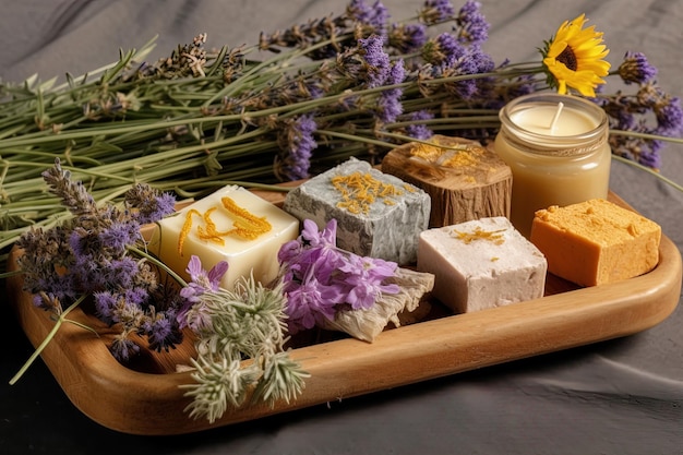 Savon aux herbes avec une sélection de fleurs séchées Le savon aux herbes est disposé sur un plateau en bois