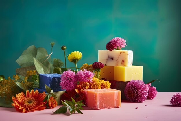 Savon bio et fleurs fraîches de différentes couleurs sur la table et l'espace vide