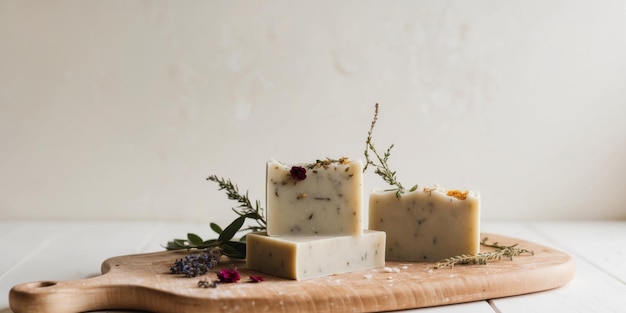 Savon fait à la main avec des ingrédients naturels sur une planche à couper en bois