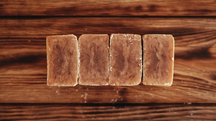 Photo savon à lessive brun sur fond de bois