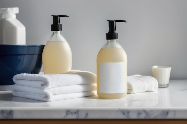 Savon liquide et shampoing dans la salle de bain Produits de soins personnels et de santé AI générative