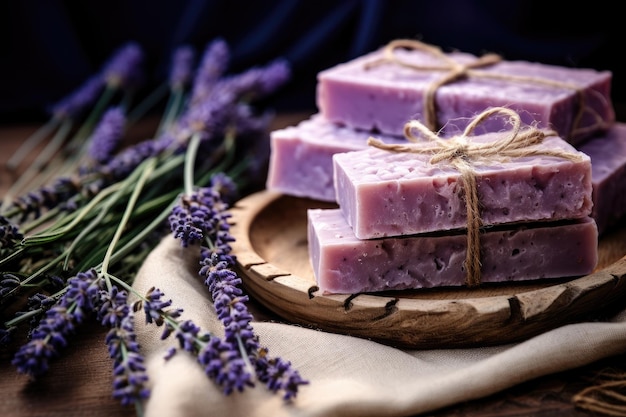 Savon naturel de lavande fabriqué à la main affiché sur fond de spa rustique