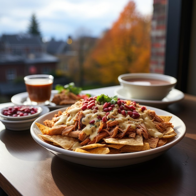 Savourer des délices Savourer des nachos au poulet chauds, du jus de canneberge et du café chaud sur un Vancouver