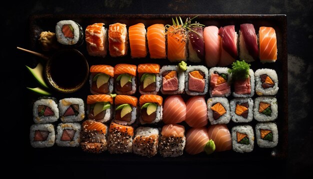 Une savoureuse collection de rouleaux de sushi japonais prêt à manger un rafraîchissement généré par l'IA