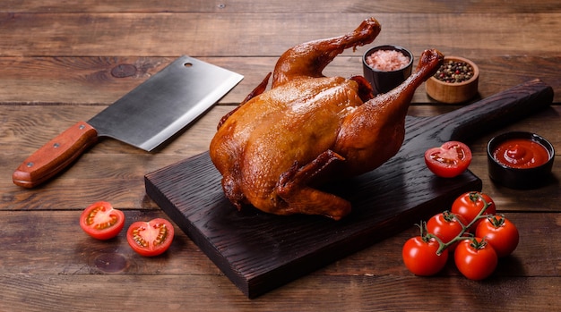 Savoureuse dinde fraîchement cuite au four avec des épices et des herbes pour une table de vacances en famille. Fêtes de Noël en famille