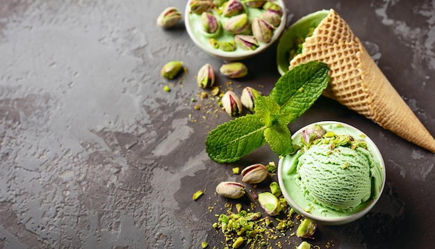 Savoureuse glace à la pistache à la menthe garnie de pistaches concassées sur fond texturé