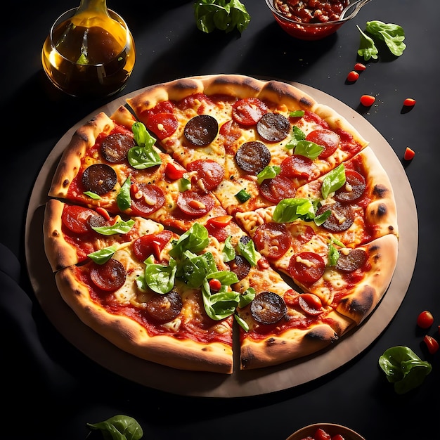 Savoureuse grande pizza fraîche avec du fromage et du bacon isolé sur fond noir et clair