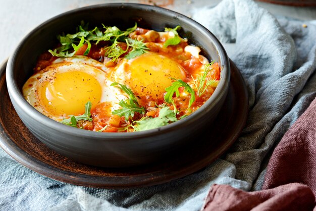 Savoureuse Shakshuka, œufs frits à la sauce tomate pour le brunch de Pâques.