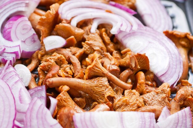 Savoureuses girolles, oignons rôtis, dans une casserole