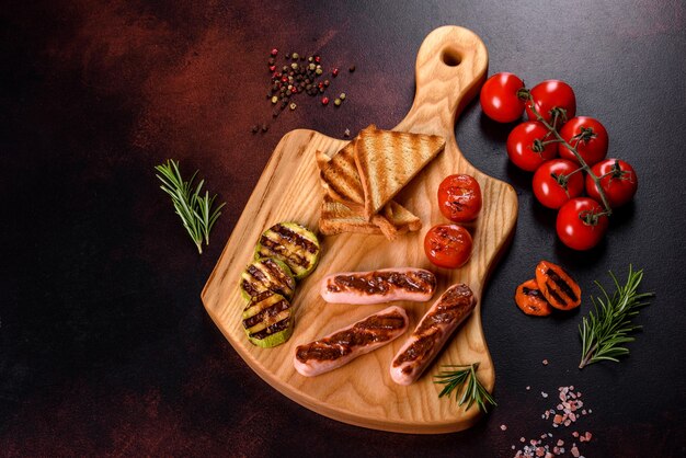 De savoureuses saucisses fraîches grillées avec des légumes, des épices et des herbes. Photo du plat fini sur une table en béton foncé