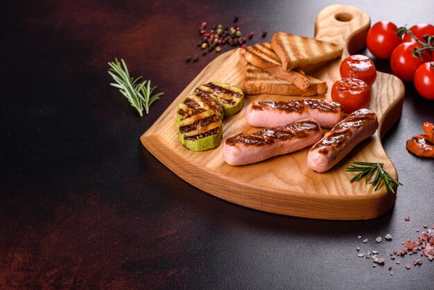 De savoureuses saucisses fraîches grillées avec des légumes, des épices et des herbes. Photo du plat fini sur une table en béton foncé