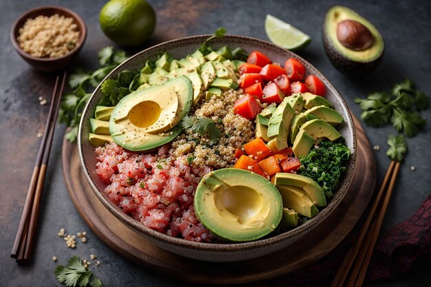 savoureux bol de poke frais avec du quinoa d'avocat et des légumes vue du haut