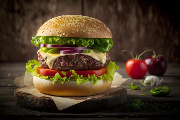 Savoureux burger au bœuf grillé fromage fondu laitue tomate oignon et sésame sur fond rustique