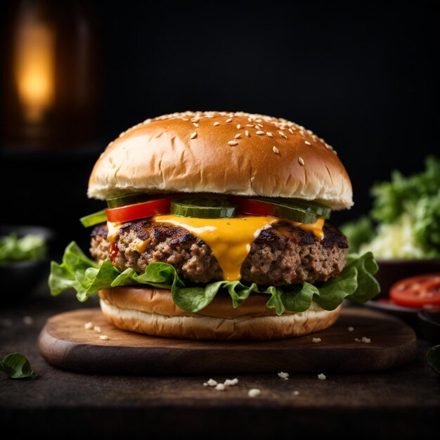 Savoureux burger au fromage et salade fond sombre