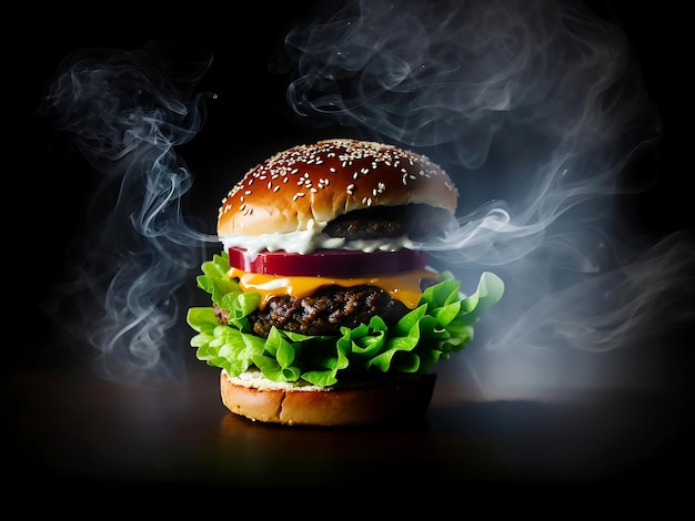 Savoureux burger avec salade carrelée et frites avec fond noir et clair affleurant