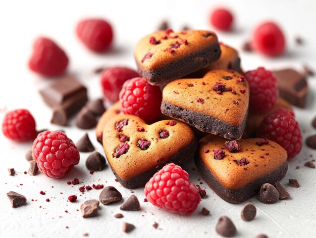 Savoureux délicieux biscuits sucrés faits maison chocolat et framboise forme de coeur pâtisserie dessert photo de nourriture