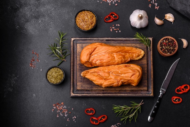 Savoureux filet de poitrine de poulet fumé aux épices et herbes sur une planche à découper en bois