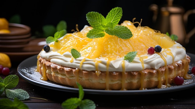 savoureux gâteau à l'orange avec des tranches d'orange sur une table en bois