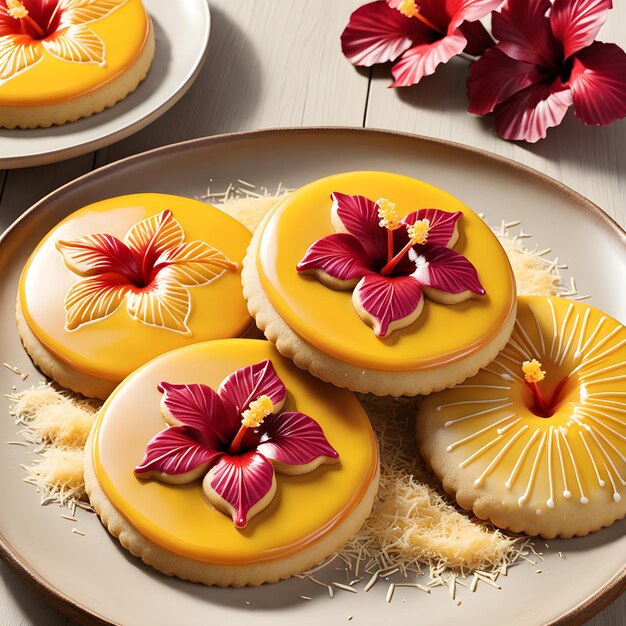 Photo savoureux gâteaux jaunes avec des fleurs d'hibiscus en gros plan