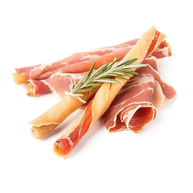 De savoureux Grissini italiens avec des tranches de jamon sur fond blanc génèrent de l'ai