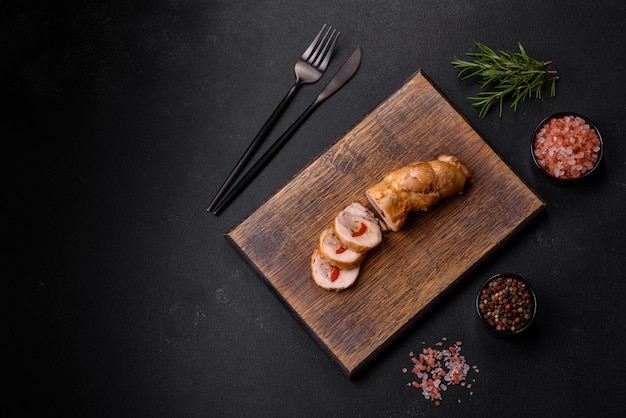 Savoureux rouleau de viande cuite au four de poivron doux de viande de poulet avec des épices et des herbes