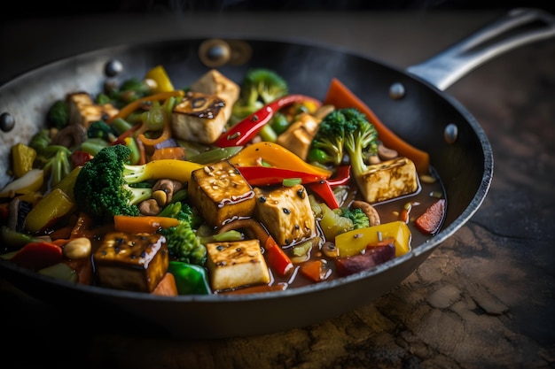 Savoureux sauté de tofu avec légumes, tofu croustillant et coriandre fraîche. Repas végétalien parfait pour la santé