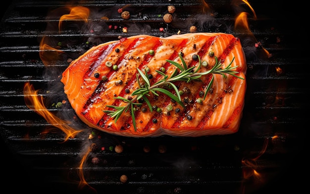 Savoureux steak de saumon rôti cuit sur le gril avec un angle de vue de dessus de flammes AI générative