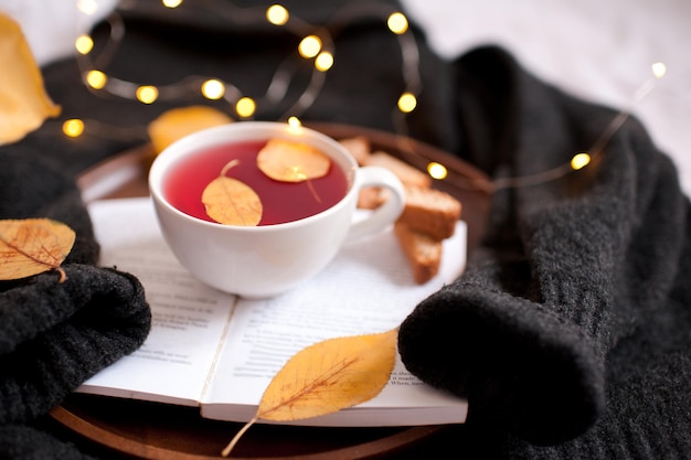 Savoureux thé bio dans une tasse blanche restant sur un livre ouvert sur des lumières en arrière-plan se bouchent. Bonjour. Saison de l'automne.