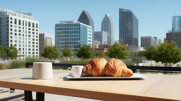 Photo savourez le moment avec un croissant délicieux et un café aromatique sur une table à café urbaine en plein air