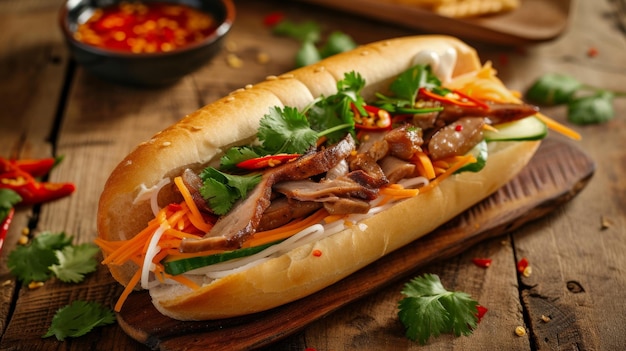 Savourez les saveurs d'un sandwich vietnamien au porc Banh Mi sur une table en bois