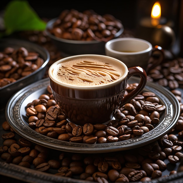 Savourez la tasse de café de la richesse sur un fond sombre