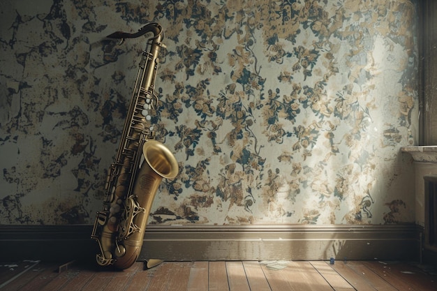 saxophone devant un mur vintage