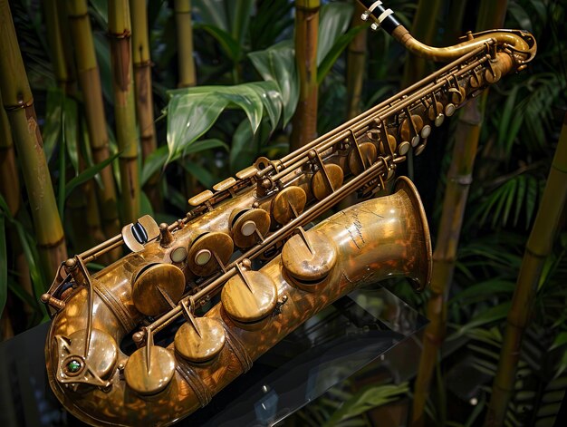 Un saxophone est exposé devant des bambous.