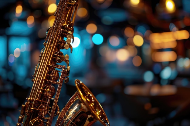 Saxophone avec une finition en laiton étincelant reflétant une atmosphère animée peut-être dans un club de jazz