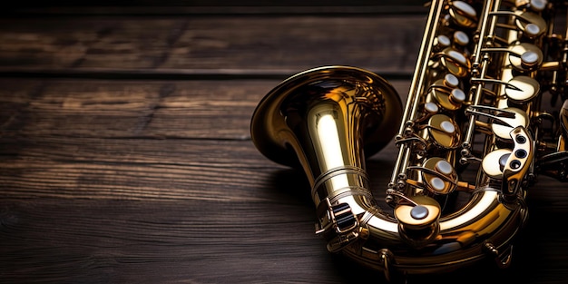 Saxophone sur fond de bois vue de dessus IA générative