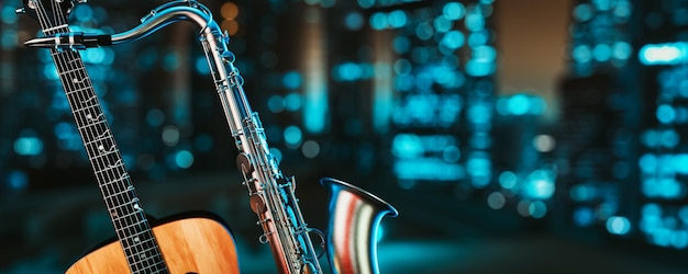 Photo saxophone et guitare sur fond de ville la nuit