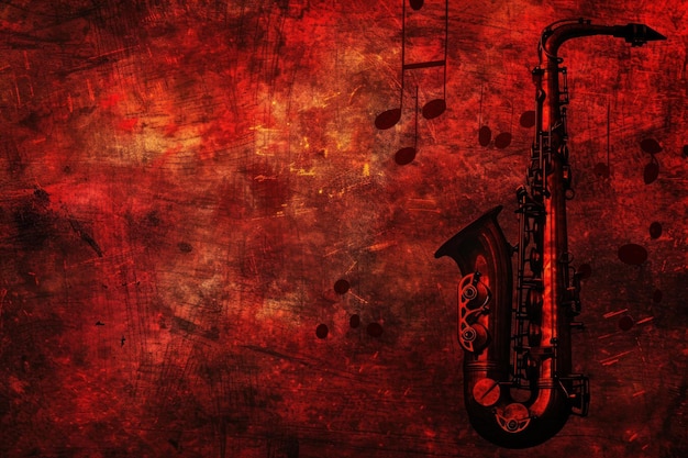 Un saxophone illustré jetant une ombre sur une toile de fond grunge rouge texturée Jazz Revival