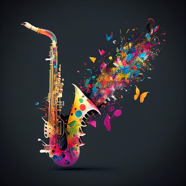 Saxophone et papillons colorés volant autour isolés sur fond noir, pour la publicité, la musique design