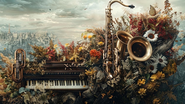 Saxophone et tuba surplombant un paysage urbain entouré d'éléments floraux et faunaires