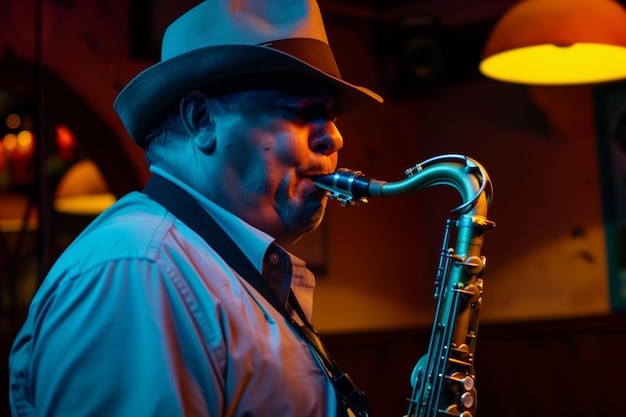 Photo saxophoniste avec un chapeau de fedora dans la lumière sombre du club