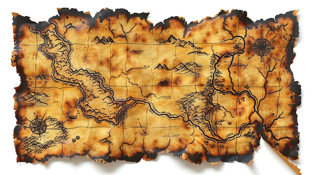 Photo un scan en haute résolution d'une vieille carte du trésor avec une boussole rivières montagnes et îles