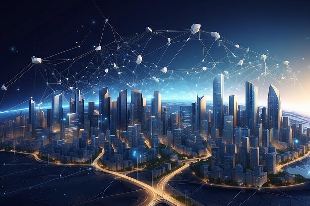 Photo scape de la ville et concept de connexion de réseau pour une nouvelle entreprise mondiale blockchain connect