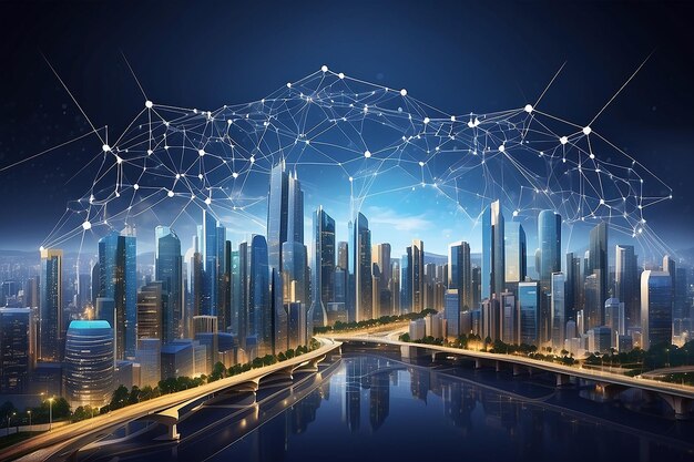 Scape de la ville et concept de connexion de réseau pour une nouvelle entreprise mondiale Blockchain connect