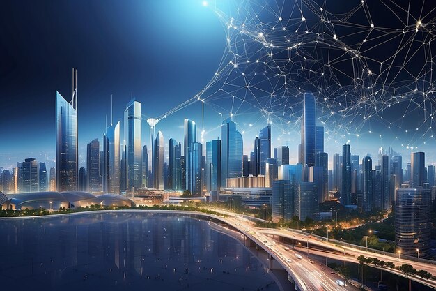 Photo scape de la ville et concept de connexion de réseau pour une nouvelle entreprise mondiale blockchain connect