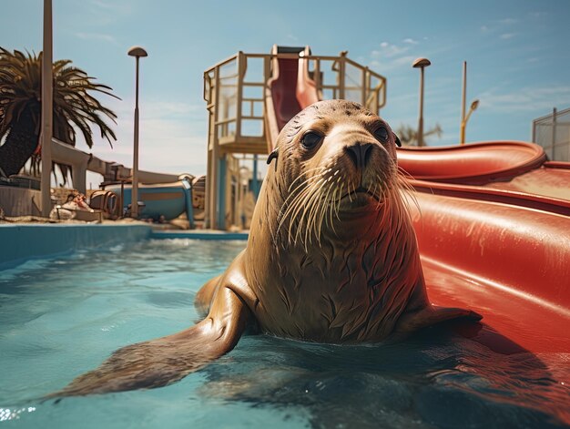 un sceau dans une piscine avec un palmier en arrière-plan