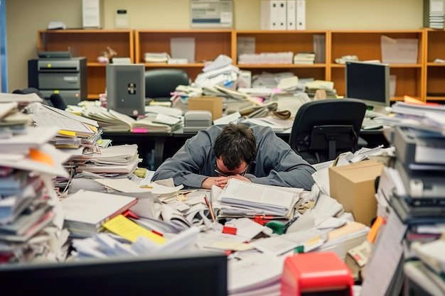 Scénario de bureau absurde employé fatigué par le surmenage.